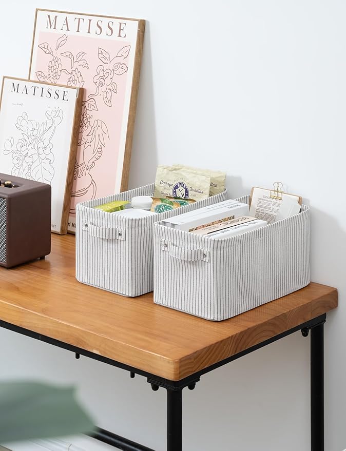 StorageWorks Narrow Storage Bins, Small Basket for Closet and Shelves, Rectangular Fabric Organizer with Handles, Toilet Paper Storage, Gray and White, 2-Pack-Ruum Studio Home
