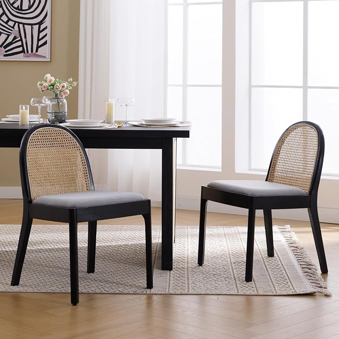Mid Century Dining Chairs Set of 2, Accent Rattan Side Chairs Linen Fabric Kitchen Chair with Solid Wooden Legs for Living Room Dining Room, Grey-Ruum Studio Home