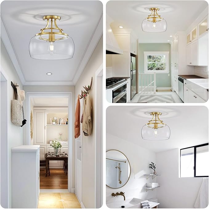 WUZUPS Chandelier Rustic Farmhouse Industrial Round Semi-flushmount Ceiling LED Light Fixture with Clear Glass Shades for Bathroom Kitchen Foyer Entryway, H 11.8" x W 13.4", E26 Base, Brushed Gold-Ruum Studio Home