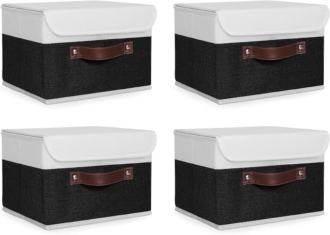 ANMINY 4PCS Storage Boxes with Lid Washable Decorative Storage Bins Basket with PU Leather Handle Foldable Linen Fabric Storage Cubes Containers for Home Closet Organizer - Black White, Small Size-Ruum Studio Home
