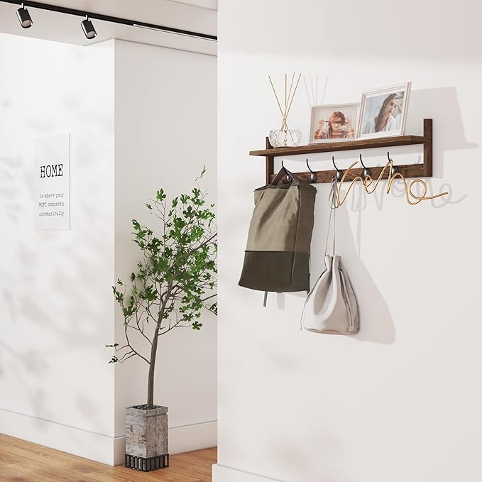BAMEOS Wall Mounted Coat Rack with Adjustable Easy Install, Rust Proof, Brown Wooden Material, 28.9 Inch Length-Ruum Studio Home