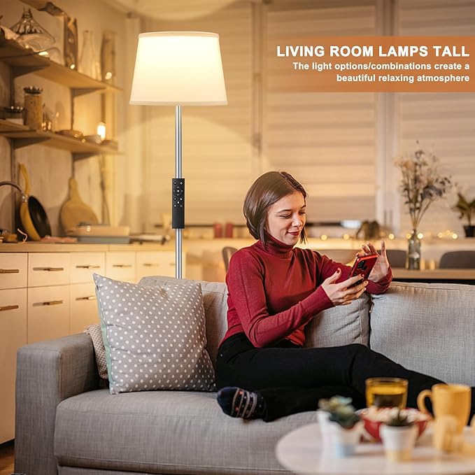【Upgraded】Floor Lamps for Living Room, Modern Floor Lamp with Remote Control, Dimmable Colors Temperature Standing Lamp Foot Switch, 9W Bulb Tall Lamps for Bedroom Office Kid Room - Silver-Ruum Studio Home
