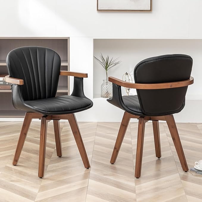 LUNLING Swivel Dining Chairs, Mid Century Modern Black Faux Leather Kitchen Chairs with Arms,Bamboo Legs Side Chairs No Wheels,Accent Chair for Dining Rooms and Offices,1PCS-Ruum Studio Home