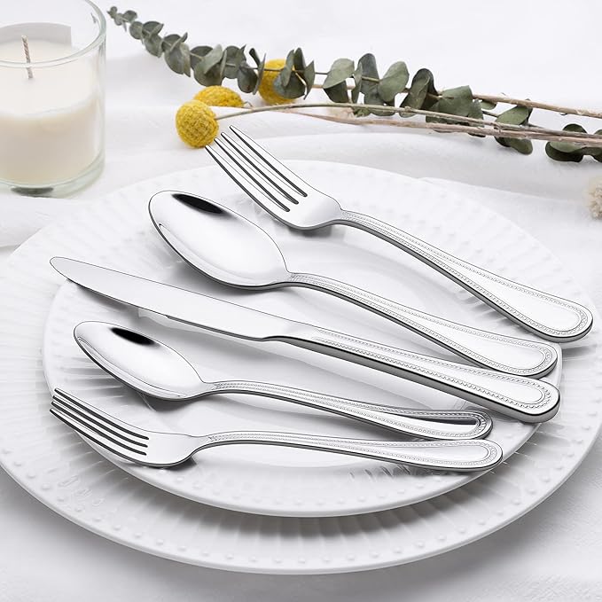 60-Piece Silverware Set for 12, Stainless Steel Flatware, Mirror Polished Cutlery Set, Utensils Include Spoons, Forks, Knives for Home, Restaurant, Beaded Handle, Dishwasher Safe-Ruum Studio Home
