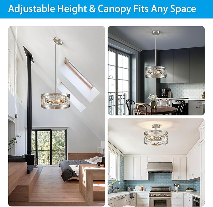 XINGQI Nickel Ceiling Light Adjustable Height Pendant Lighting Fixture 3-Light Metal Lamp 13" Rustic Round Lights for Dining Room Kitchen Bedroom Foyer Hallway-Ruum Studio Home