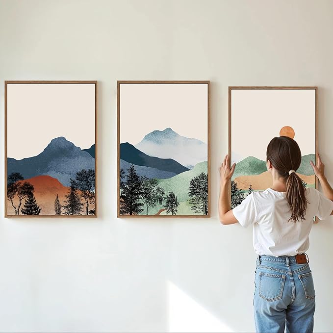 SIGNINART Boho Mountain Framed Canvas Wall Art Set of 3, Watercolor Nature Landscape Set Art Prints, Modern Sunrise Art Paintings, Green Forest Wall Decor for Living Room, Bedroom, Office 16"x24"x3-Ruum Studio Home