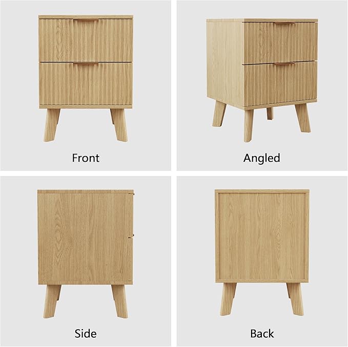 Fluted Nightstand, Mid Century Modern 2 Drawer Bedside Table for Bedroom, Small Dresser Night Stand Side End Table with Wood Fluted Drawer Storage for Bedroom Closet(Natural)-Ruum Studio Home