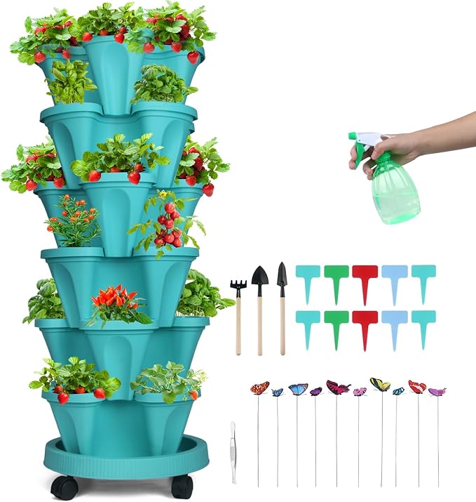 Vertical Planter, 6 Tier Stackable Strawberry Planter with Garden Tool Set, Movable Indoor/Outdoor Garden Herb Pot for Growing Vegetables and Succulents, Teal-Ruum Studio Home
