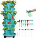 Vertical Planter, 6 Tier Stackable Strawberry Planter with Garden Tool Set, Movable Indoor/Outdoor Garden Herb Pot for Growing Vegetables and Succulents, Teal-Ruum Studio Home