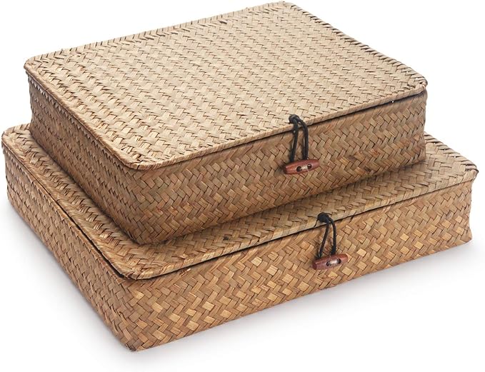 Seagrass Storage Basket Box with Lid Rectangular Woven Shelf Baskets Bins for Organize Snack Toys Set of 2 Natural Decorative(Large+Small)-Ruum Studio Home
