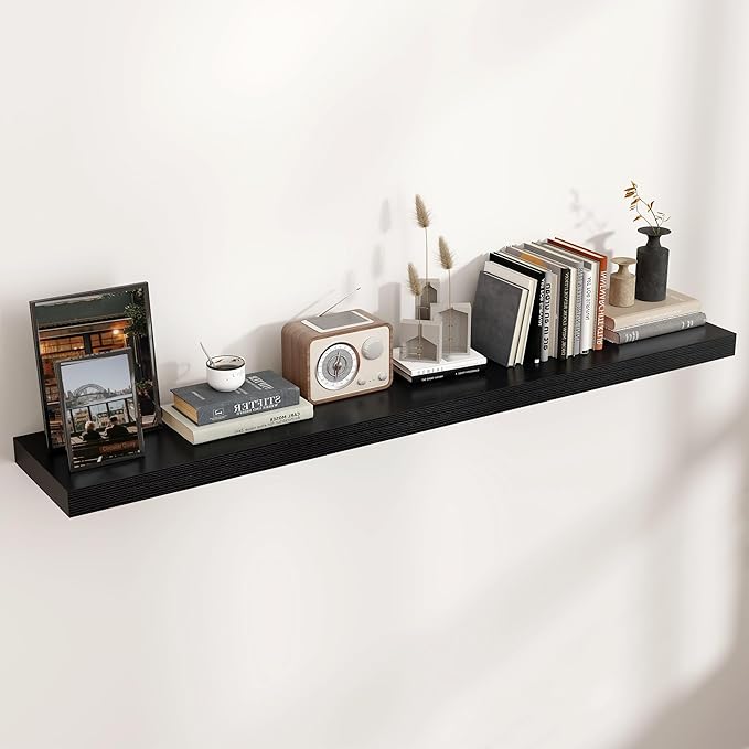 Floating Shelves for Wall, Large Wall Mounted Shelves with Invisible Brackets, Long Wood Floating Shelf Shelves for Living Room, Bedroom, Kitchen, (Black, 55" W x 9" D x 1.5" H)-Ruum Studio Home