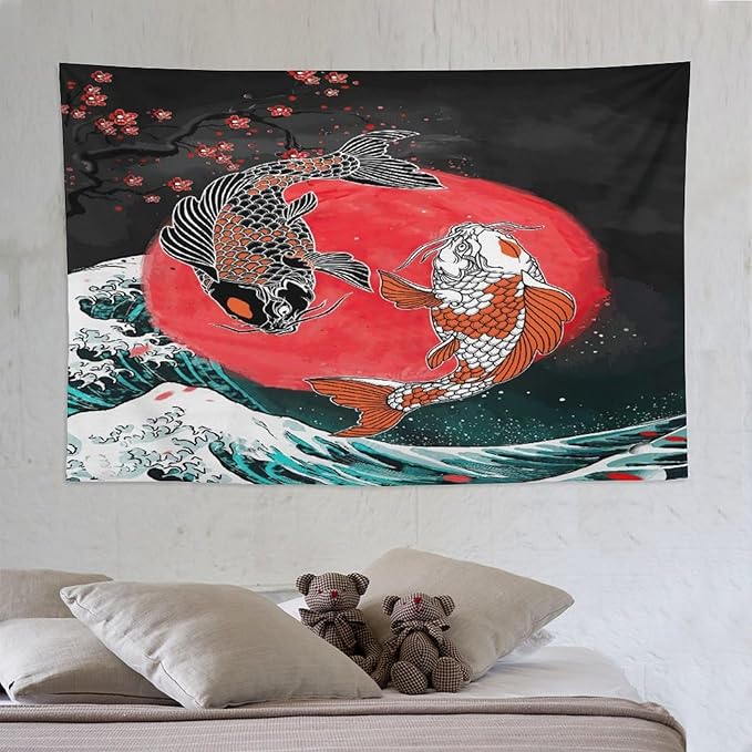 Houselerax Koi Fish Tapestries,Japanese Style Yin Yang Big Wave Cherry Blossoms Tapestry Wall Hanging for Bedroom Living Room Office Decor 90"x60"-Ruum Studio Home