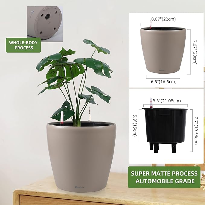 Dexceder 9x8 Inches Self Watering Planter Indoor Outdoor, Inner Pot Design, Thickened Table Flower Plant Pot with Water Level Indicator (Taupe Matte)-Ruum Studio Home