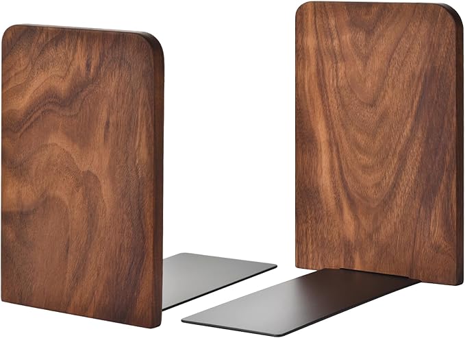 Book Ends, Black Walnut Wooden Bookends for Shelves - Heavy Duty Non-Slip Book Organizers, Upgraded Decorative Bookend Holders for Home, Kitchen, Office, Set of 2, Medium-Ruum Studio Home