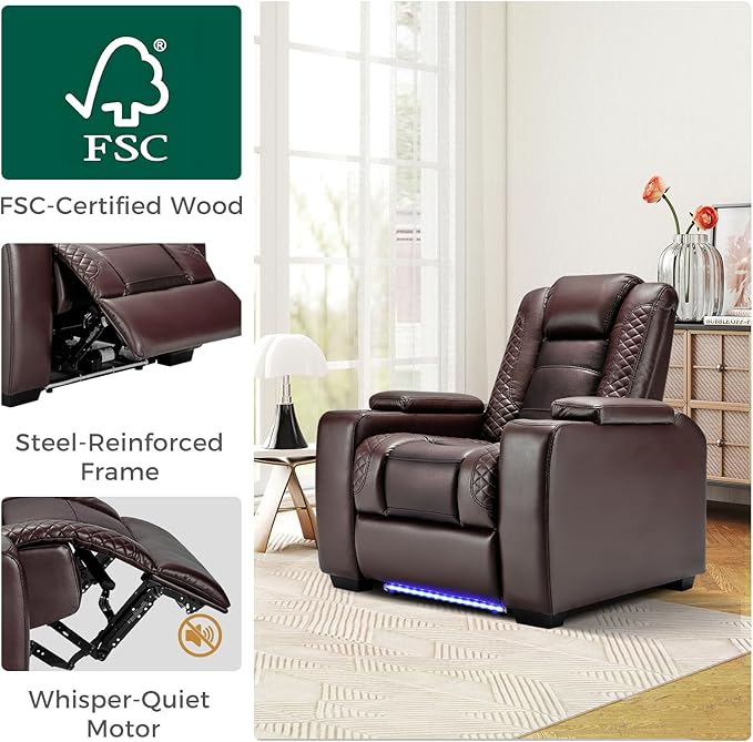 ANJ Power Home Theater Seating, PU Leather Electric Recliner Chair with Powered Headrest, Dual Motors Movie Reclining Chairs with LED Lights,USB Port, Cup Holders, Hidden Arm Storage (Brown)-Ruum Studio Home