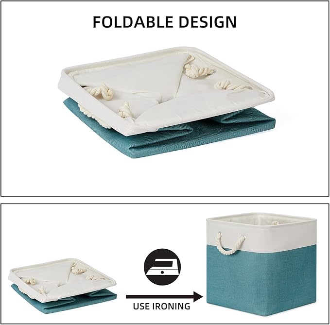 Bidtakay Fabric Baskets for Closets Shelves Lined Set of 3 Large Square Collapsible Storage Bins for Organizing 13 X 13 Cube Storage Bins for Pantry Organization Storage(Teal Blue)-Ruum Studio Home