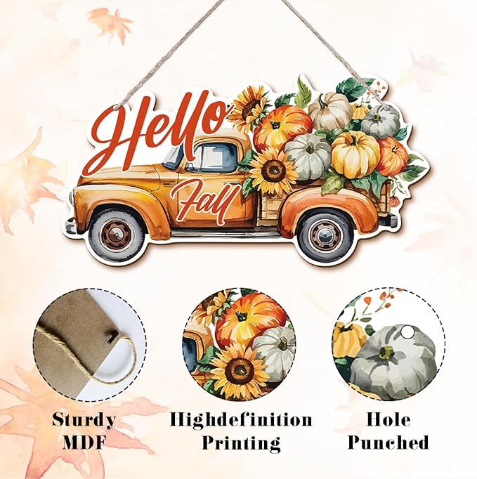 Hello Fall Wood Hanging Truck Decoration, Autumn Wooden Signs, Rustic Thanksgiving Decoration, Home Interior And Exterior Decor, Autumn Harvest Thanksgiving Home Decor-Ruum Studio Home
