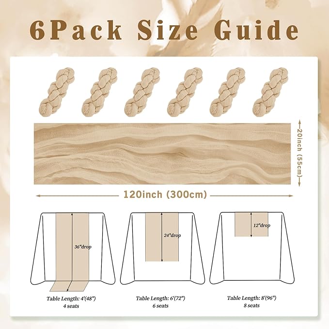 Sand 6 Pack 10FT Cheesecloth Table Runner 20 x 120 Inch Long Rustic Gauze Cheese Cloth Table Runner for Wedding Bridal Baby Shower Table Decorations Boho Fabric Sheer Birthday Party Table Decor-Ruum Studio Home