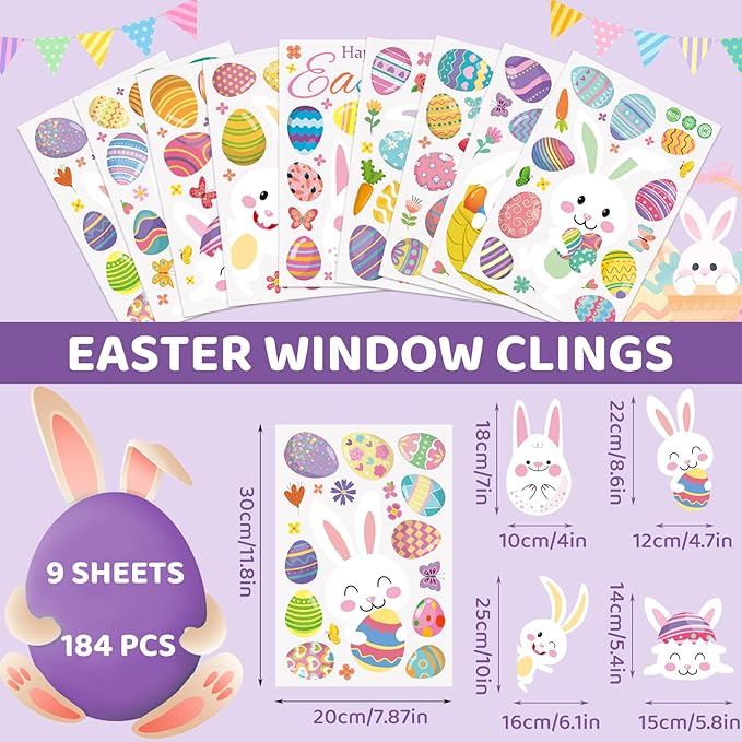DC-BEAUTIFUL 184 PCS Easter Window Clings, 9 Sheets Double Sided Bunny Egg Easter Decoration Window Stickers, Reusable Static Holiday Window Decals for Home Office School Shop Spring Party Decors-Ruum Studio Home