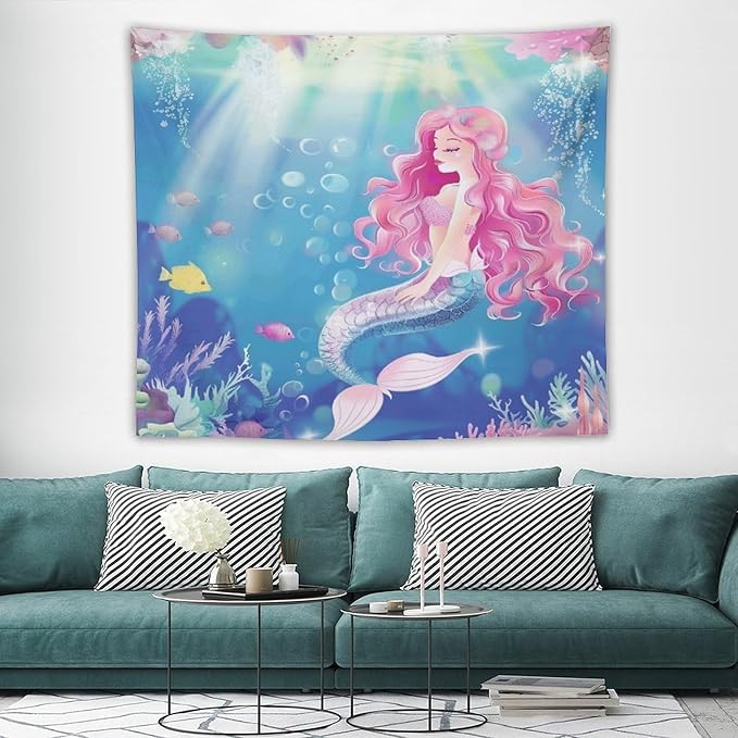 HZOHNAGO Mermaid Girls Tapestry Watercolor Mermaid Princess Pink Hair Pattern for Kids Room Decoration Printed Wall Tapestry Wall Hanging for Bedroom Living Room Dorm 60" W x 50" H-Ruum Studio Home