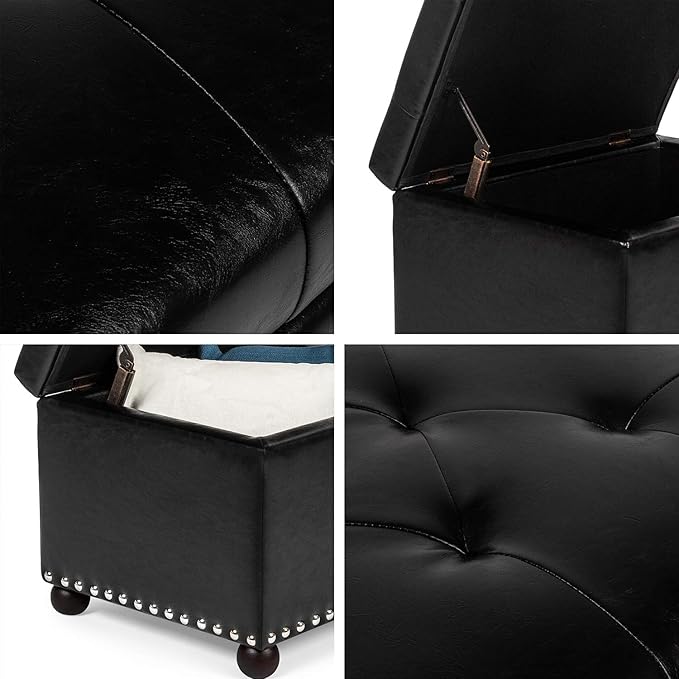 Joveco Leather Storage Ottoman, 24" Rectangle Tufted Foot Rest Stool, for Living Room Bedroom, Midnight Black-Ruum Studio Home