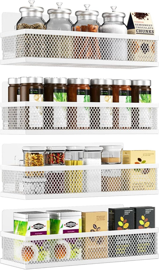 Spice Rack Wall Mount, 4 Pack Wall Spice Rack & Hanging Storage Baskets Organizer Wall Mount, Large Capacity Metal Spice Shelf for Kitchen Cabinet, Pantry Doors, Bathroom, Shower, Home Decor-Ruum Studio Home