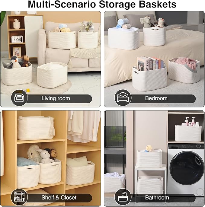 Storage Baskets for Organizing & Shelves, Woven Cotton Rope Organization Bins for Dog Toys, Clothes, Books, Nursery Organizer, 15" Lx11''Wx9.5''H, (4 Packs) Off White-Ruum Studio Home