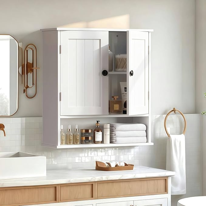 White Bathroom Cabinet Wall-Mounted, Storage Cabinets with Adjustable Shelves, Space-Saving Organizer with 2 Doors for Bathroom, Laundry, Kitchen - Moisture Resistant & Easy Install-Ruum Studio Home