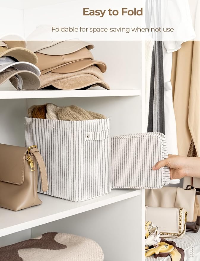 StorageWorks Narrow Storage Bins, Small Basket for Closet and Shelves, Rectangular Fabric Organizer with Handles, Toilet Paper Storage, Gray and White Stripes, 2-Pack-Ruum Studio Home