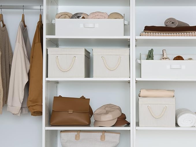 StorageWorks Large Storage Bins with Lids, Decorative Storage Boxes with Lid and Soft Rope Handles, Foldable Storage Baskets for Closet, Shelves, Stackable, Ivory and White, 3-Pack-Ruum Studio Home