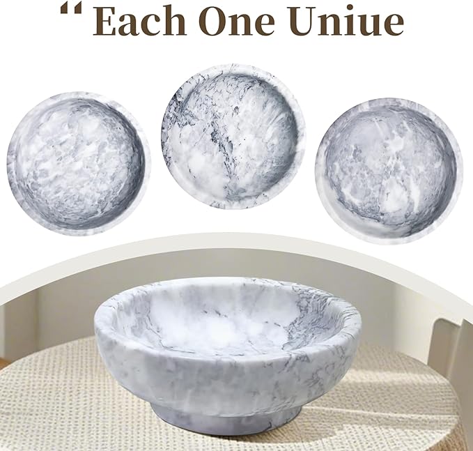 Natural White Marble Bowl with Grey Veins Large Decorative Bowl for Home Decor，Entryway, Fruit Display, Key Holder, Centerpiece (10.2" Diameter)-Ruum Studio Home