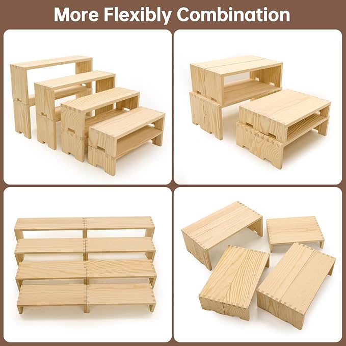 Large Display Wood Risers Wooden Stand 8 Tier Wood Racks Decorative Rectangular, 2 Set 8 Pieces Cupcake Stands Cologne Perfume Organizer Dessert Showcase Items(nature)-Ruum Studio Home