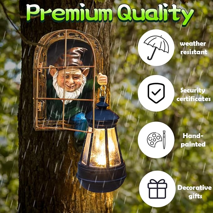 Whimsical Fairy Garden Halloween Gnomes with Solar Lights-10 Elf Out The Door Tree Hugger Garden Statues-Outdoor&Yard Decor-Tree Face Sculpture,Ideal Gifts - Yard Art for Patio,Fence,Wall-Ruum Studio Home