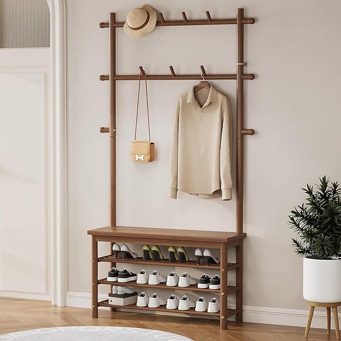 Bamboo Hall Tree with 13 Hook, 6-in-1 Entryway Bench with Coat Rack Freestanding, Coat Rack with Shoe Storage Bench Organizer for Mudroom, Bedroom, All-in-One Shoe Rack,Walnut-Ruum Studio Home