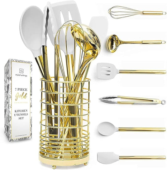 White Silicone and Gold Cooking Utensils Set with Gold Utensil Holder - 7-Piece Silicone Cooking Tools - Ideal for Nonstick Cookware and Stylish Modern Kitchens - Luxury Kitchen Accessories-Ruum Studio Home