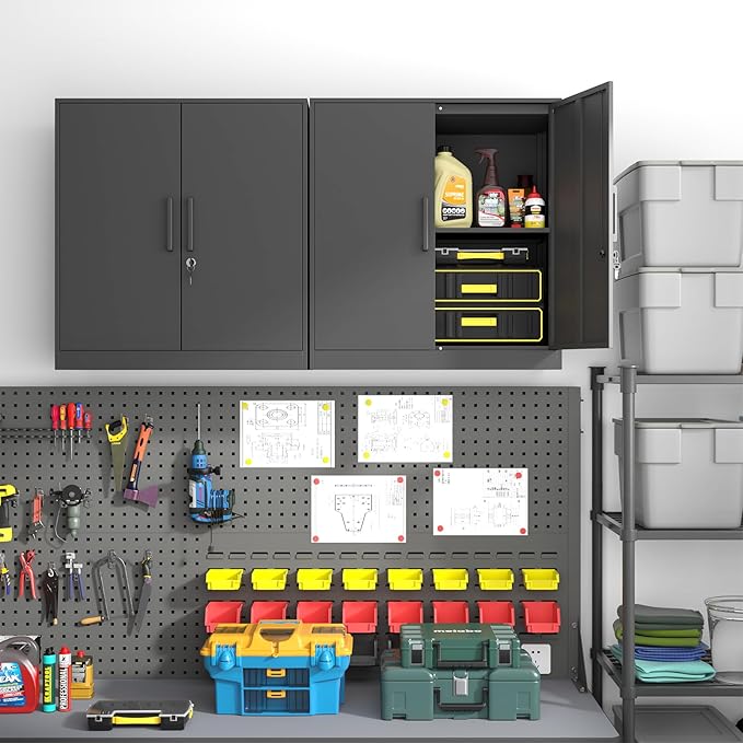Metal Wall Cabinet,Garage Wall Cabinetwith Handle,Lockable Storage Cabinets Wall Mounted with 2 Doors,Locking Cabinet with Shelves for Basement,Living Home,Black-Ruum Studio Home
