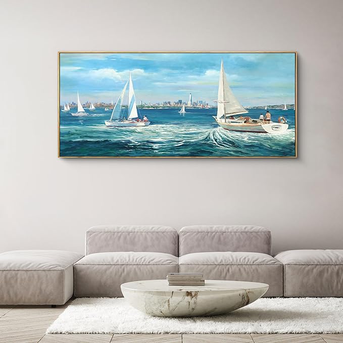 XLSJERST Large Blue Canvas Wall Art Seascape Painting - Landscape Picture Textured Navy Modern Sailboat Ocean Artwork Framed for Living Room Bedroom Bathroom Home Office Wall Decor Large Size 70"x31"-Ruum Studio Home