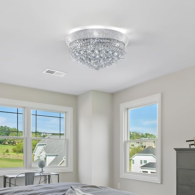 7-Light Crystal Flush Mount Chandelier Ceiling Light Fixture for Living Room Dining Room Bedroom Foyer Entryway Hallway Closet Bathroom (Chrome D18)-Ruum Studio Home