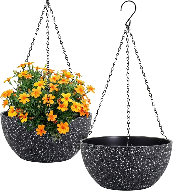 12 inch Large Hanging Planters for Indoor Outdoor Plants, 2 Pack Hanging Flower Pots with Drainage Holes and Chain for Garden Porch, Plastic Hanging Baskets for House Plants, Speckled Black-Ruum Studio Home