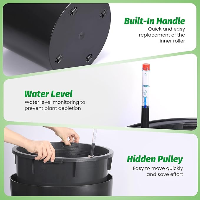 Tall Round Planter Set of 2, 19.5‘’ H x 19.9" Dia Large Planters for Indoor Plants with Built-in Drainage and a Water Level Monitor and Wheels for Patio, Porch, Living Room, or Home Office, Black-Ruum Studio Home
