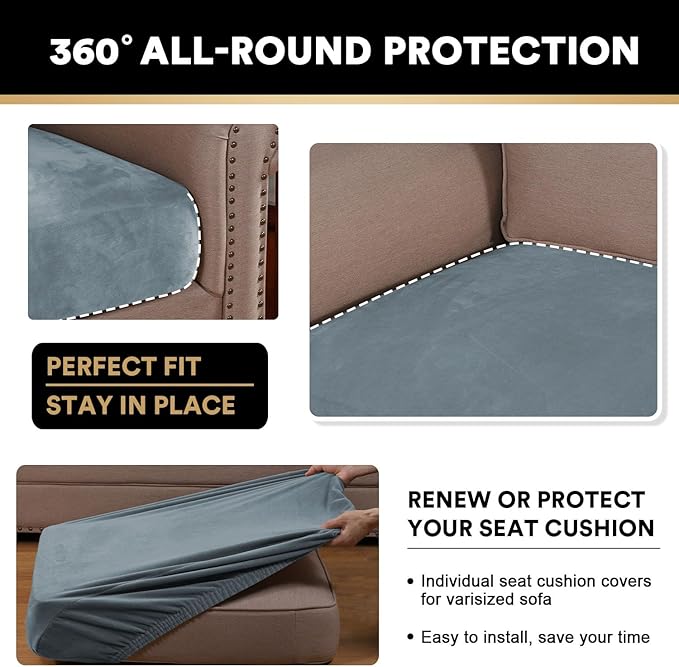 PrinceDeco Velvet Couch Cushion Cover Soft Stretch Cushion Slipcover for Chair Loveseat Sofa Cushion Furniture Protector Seat Cushion Sofa Cover (2 Piece Large Sofa Cushion Covers, Stone Blue)-Ruum Studio Home