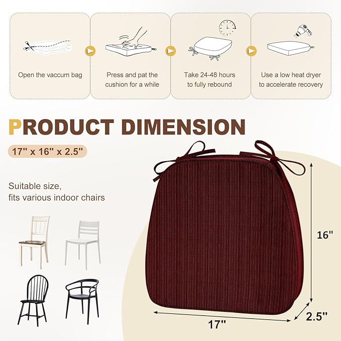 downluxe Chair Cushions for Dining Chairs, Waterproof Kitchen Chair Pads, Non-Slip Dining Seat Cushion with Ties, 17" x 16" x 2.5", Burgundy, 6 Pack-Ruum Studio Home