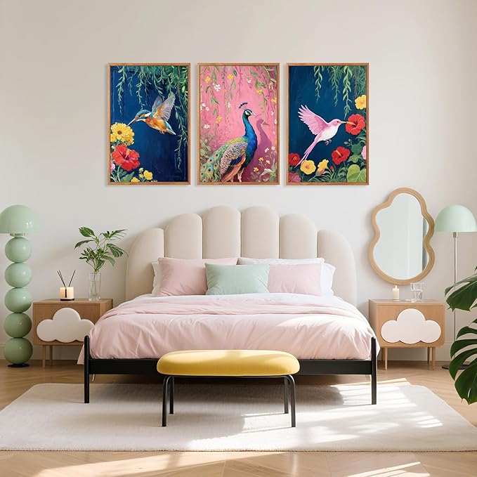 Aurlan Colorful Birds Flowers Framed Wall Art(16"x24"), 3PCS Large Classic Elegance Hummingbird Peacock Canvas Artwork, Vintage Abstract Watercolor Peony Floral Willow Decor for Home Office Bedroom-Ruum Studio Home