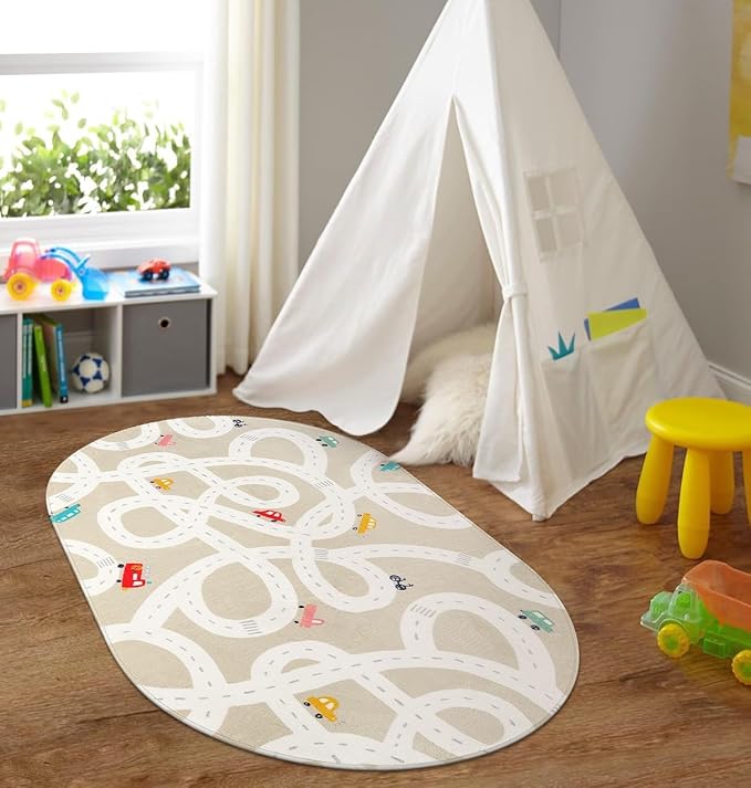 STARUIA Small Kids Rug for Kids Room, 3'x5' Washable Road Rug for Baby Nursery, Non-Slip Car Rugs for Playroom, Tan Traffic Play Mat Soft Fun Rugs for Boys Girls Dorm Toy Room Tent-Ruum Studio Home