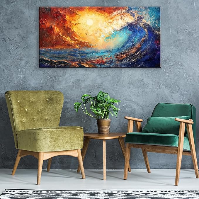 LASMOND Abstract Ocean Wall Art for Living Room Beautiful Blue Sea Wave Seawater Colorful Sky Landscape Wall Art Decor Artwork Bedroom Office (40 x 20 Inches)-Ruum Studio Home