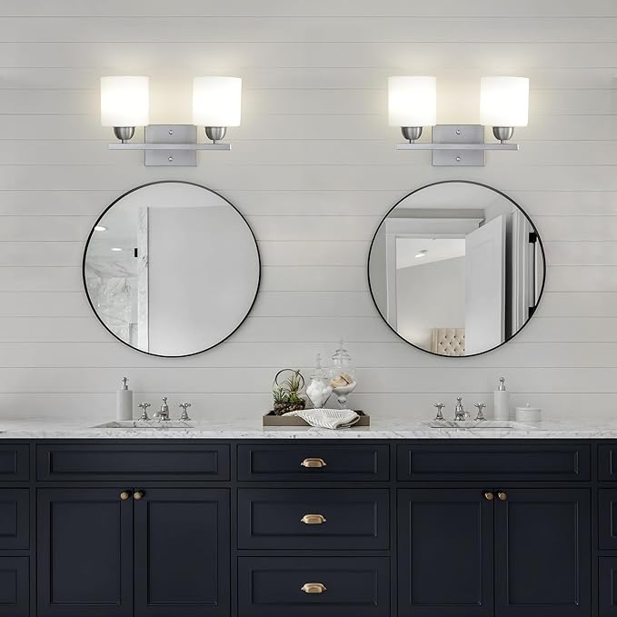 Stainless Steel Milk Glass Vanity Lights for Bathroom, 2 Light Brushed Nickel Bathroom Light Fixtures Over Mirror, Ceramic E26 Sockets Wall Mounted-Ruum Studio Home