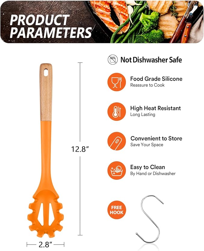 Silicone Pasta Fork, Kitchen Heat Resistant Noodle Spoon Server, BPA Free Spaghetti Strainer,12.8 inch (ORANGE)-Ruum Studio Home