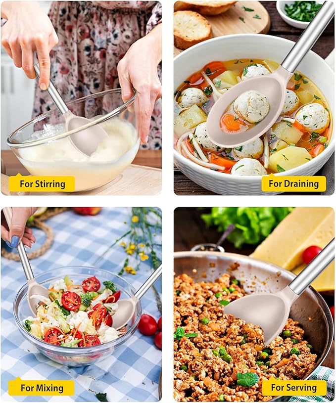 Pack of 2 Large Silicone Cooking Spoons,Non Stick Solid Basting Spoon,Heat-Resistant Kitchen Utensils for Mixing,Serving,Draining,Stirring (STAINLESS STEEL KHAKI)-Ruum Studio Home