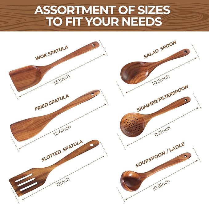 AIUHI Nonstick Natural Wooden Kitchen Utensils Set, Smooth Finish Teak Wood Spoons for Cooking, Comfortable Grip Spatula for Elaborate Cooking 6Pcs-Ruum Studio Home