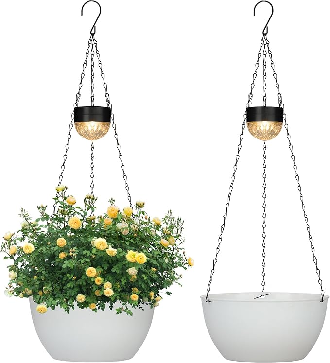 2 Packs Hanging Planters Basket for Outdoor Plants, Solar Powered Self Watering White Round Plastic Flower Pots with Drainer for Balcony Patio Garden Outdoor Decoration-Ruum Studio Home